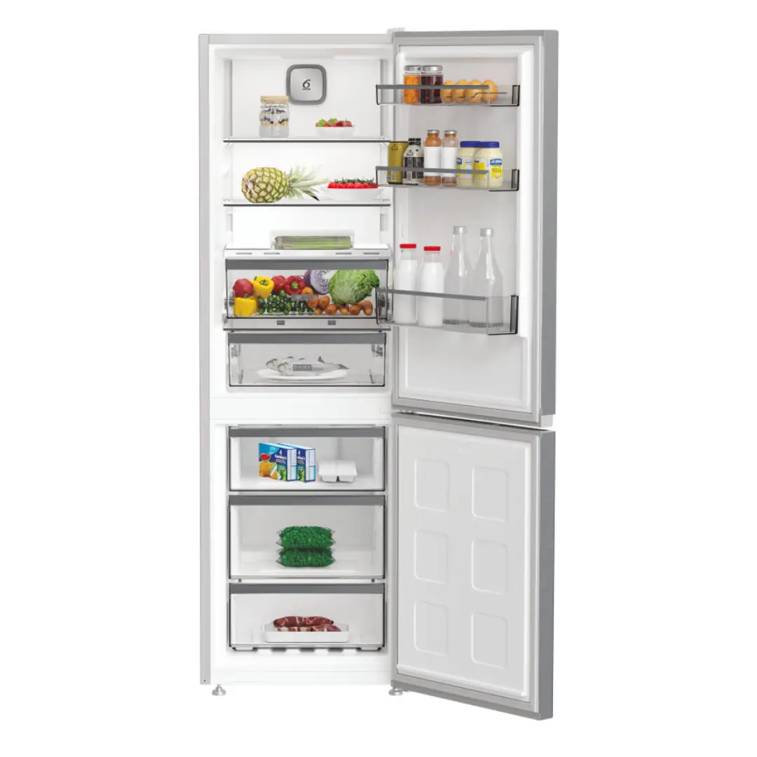 Imagen del frigorífico Whirlpool WHK-26363 XP6E Inox con todo su interior lleno, mostrando la capacidad de almacenamiento – disponible en Electrocash.