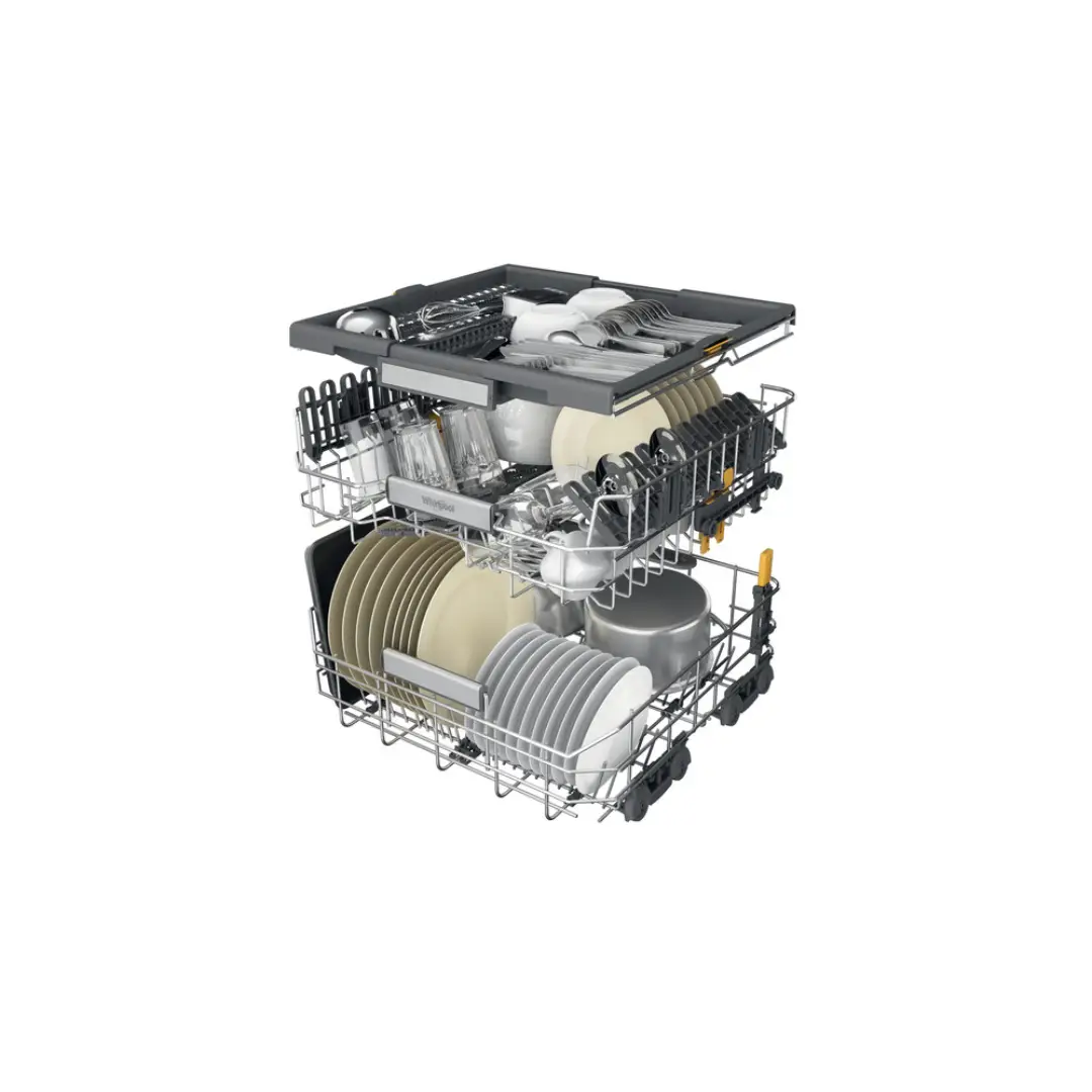 Detalle de las bandejas del lavavajillas Whirlpool W7F-HS41, destacando su diseño práctico y espacioso – disponible en Electrocash.