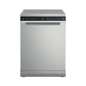 Imagen frontal del lavavajillas Whirlpool W7F-HS41 en acero inoxidable, mostrando su diseño elegante y moderno – disponible en Electrocash.