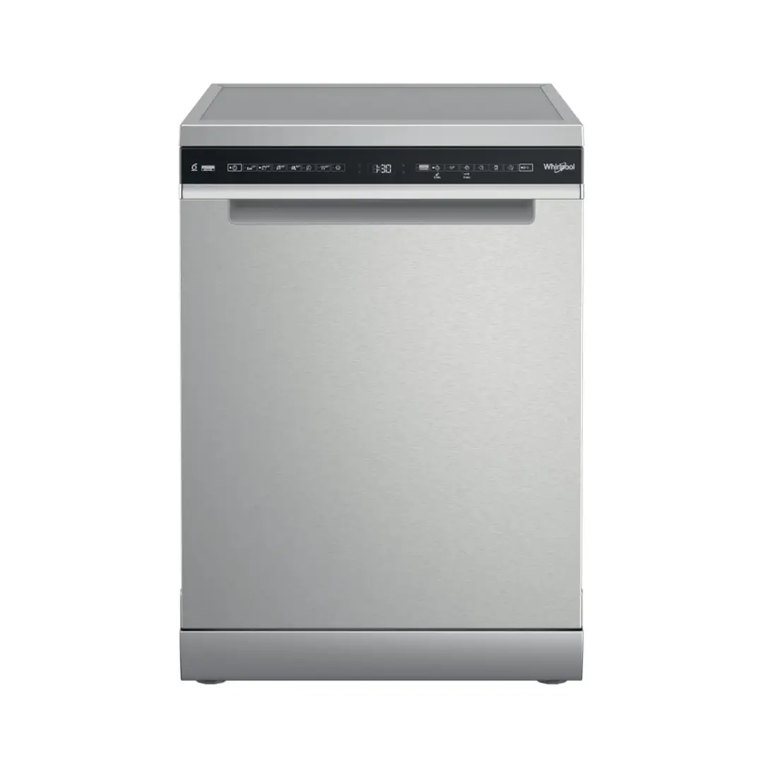 Imagen frontal del lavavajillas Whirlpool W7F-HS41 en acero inoxidable, mostrando su diseño elegante y moderno – disponible en Electrocash.