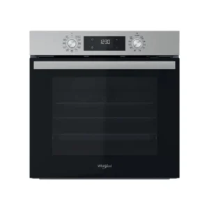Imagen frontal del horno multifunción Whirlpool OMR-58HU1X en acabado inox, con eficiencia A+ y función HidroClean – disponible en Electrocash.