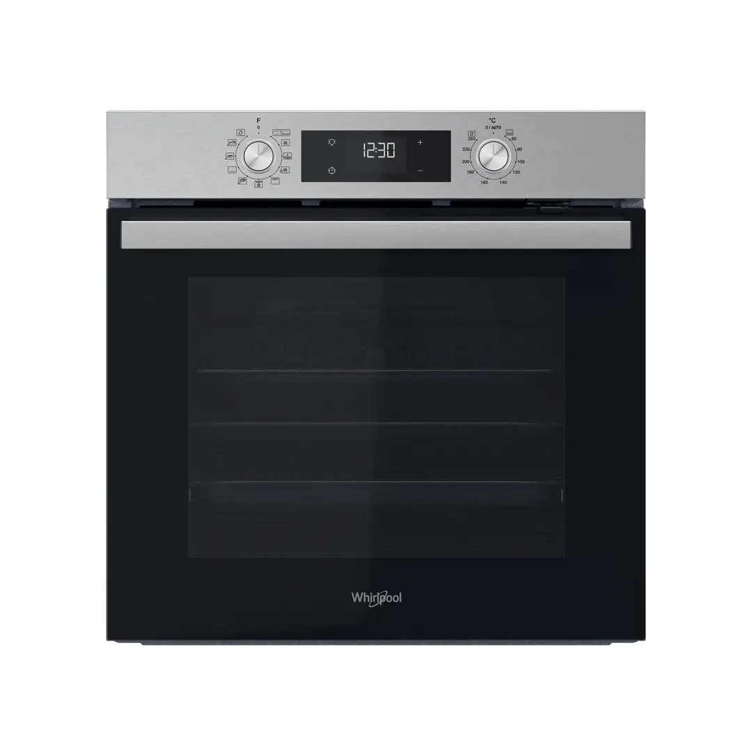 Imagen frontal del horno multifunción Whirlpool OMR-58HU1X en acabado inox, con eficiencia A+ y función HidroClean – disponible en Electrocash.