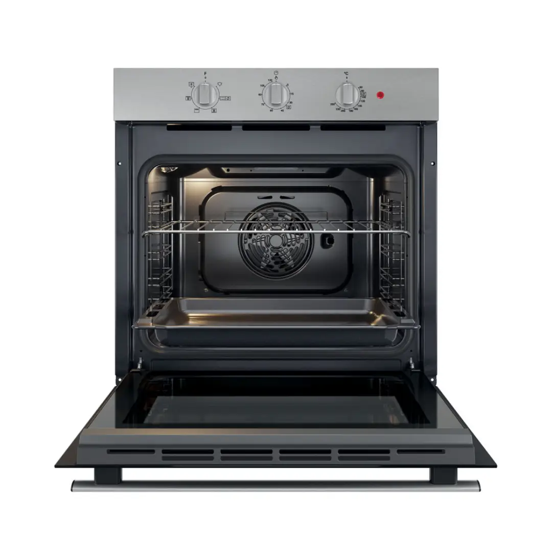 Imagen del horno Whirlpool OMR-35HR0X abierto, mostrando su interior y bandejas extraíbles – disponible en Electrocash.