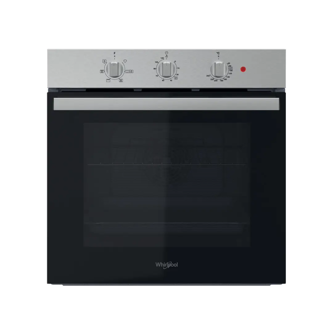 Imagen frontal del horno multifunción Whirlpool OMR-35HR0X en acabado inox, con eficiencia A y función HidroClean – disponible en Electrocash.