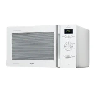 Imagen frontal del microondas Whirlpool MCP-346 WH en color blanco, con grill, función Crisp y cocción al vapor, capacidad de 25 litros – disponible en Electrocash.