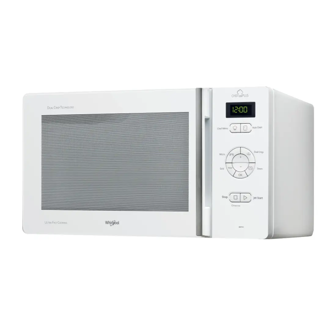 Imagen frontal del microondas Whirlpool MCP-346 WH en color blanco, con grill, función Crisp y cocción al vapor, capacidad de 25 litros – disponible en Electrocash.