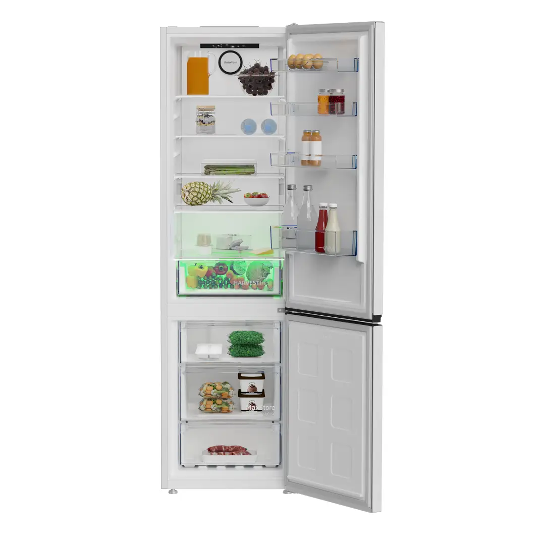Frigorífico Beko B5RCNE-406HW abierto con el interior lleno de alimentos, mostrando su amplitud, estantes regulables y compartimentos organizados.