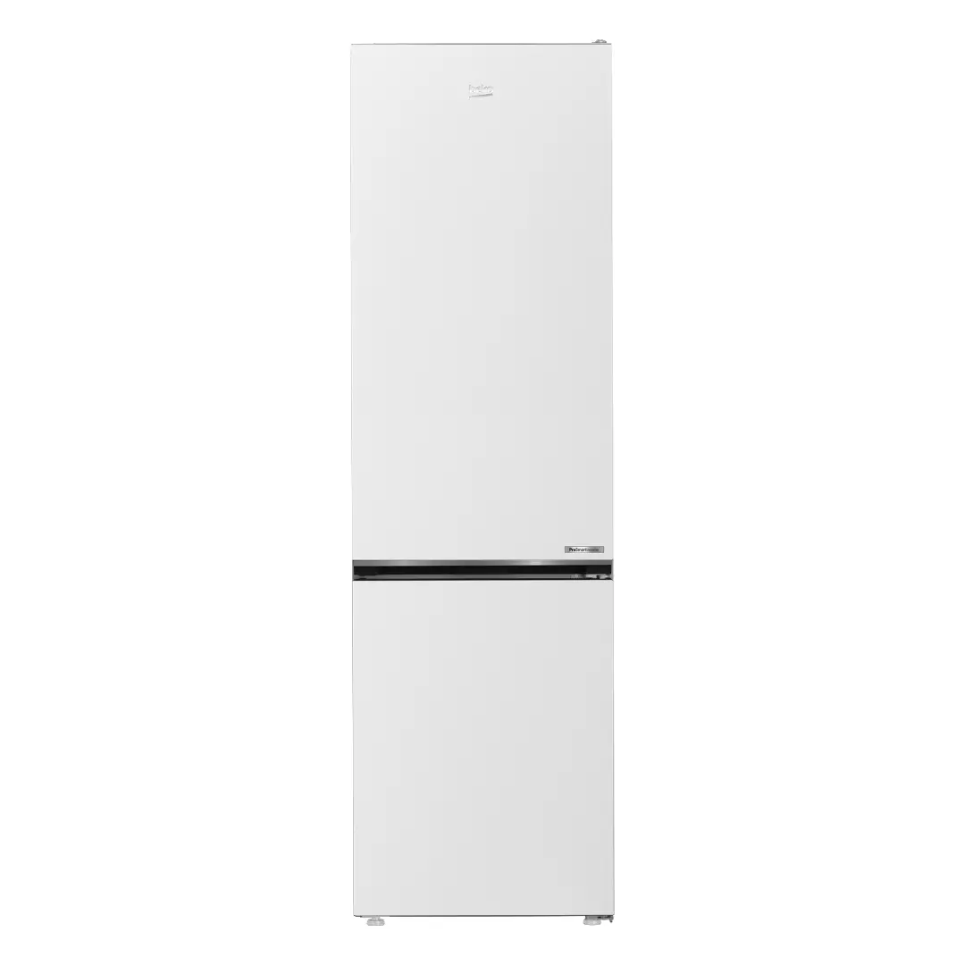 Imagen frontal del frigorífico combi Beko B5RCNE-406HW en color blanco, diseño elegante y moderno con acabado limpio.