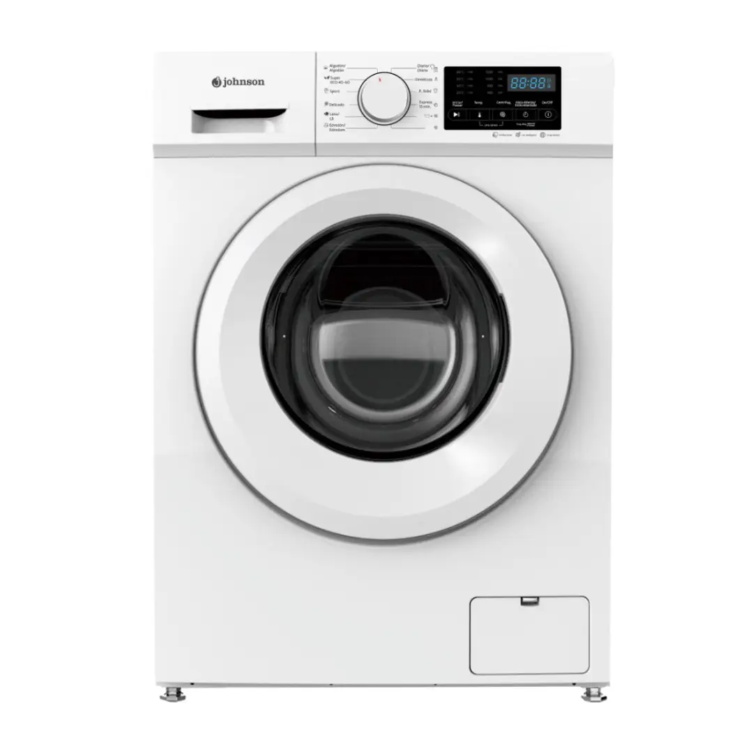 Imagen frontal de la lavadora Johnson Navia-60 en color blanco, mostrando su diseño compacto y moderno, ideal para cualquier hogar – disponible en Electrocash.