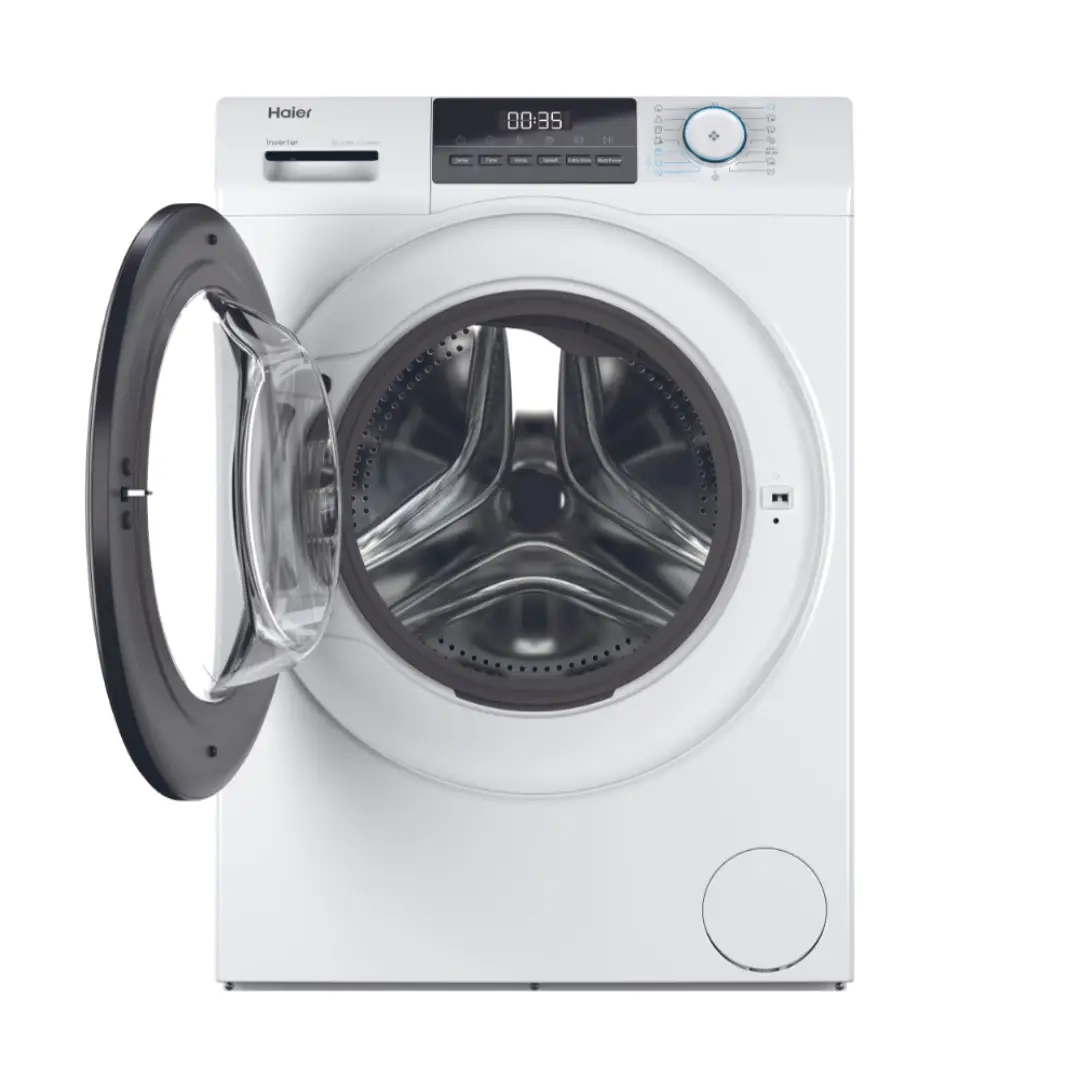 Vista interior de la lavadora Haier HW90-BP1492A-S con la puerta abierta, mostrando el tambor de acero inoxidable y amplia capacidad de 9 kg, disponible en Electrocash.