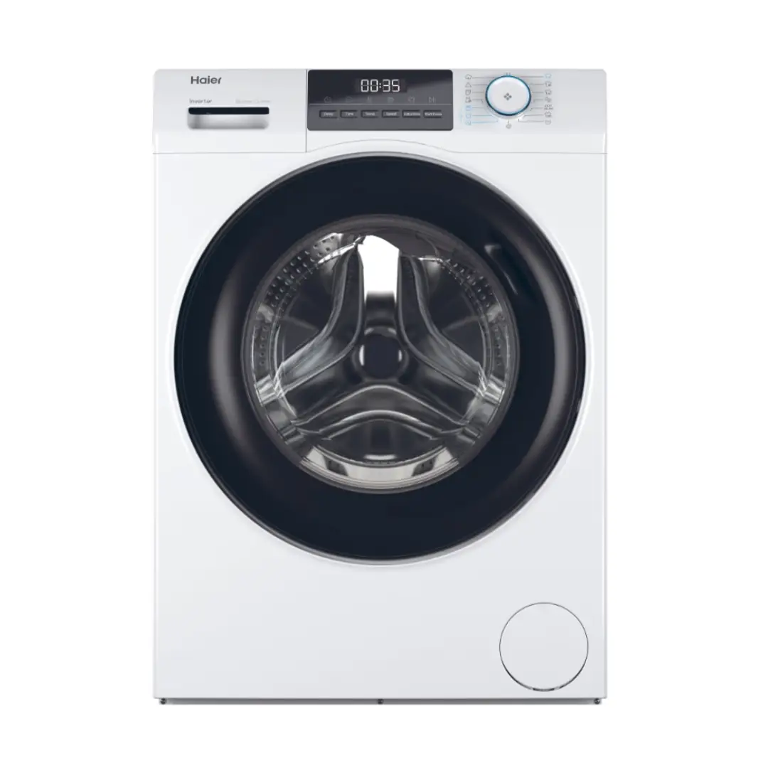 Lavadora Haier HW90-BP1492A-S de carga frontal, 9 kg de capacidad, 1400 rpm, motor inverter, vapor, clase A y diseño silencioso, vista principal en Electrocash.