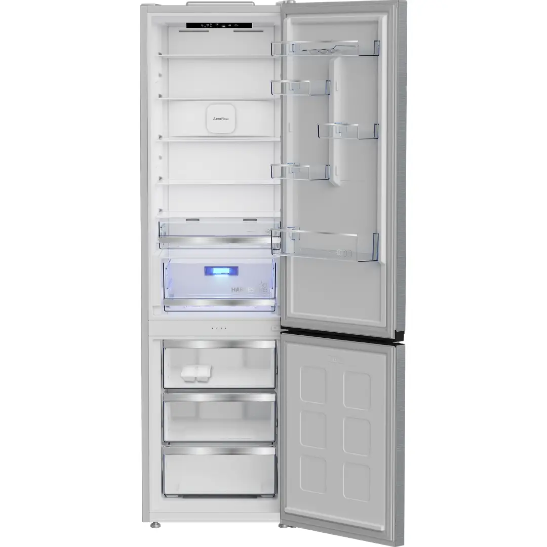 Frigorífico Beko B5RCNE-416HXB abierto y vacío mostrando su interior con estantes de cristal, cajones y congelador en la parte inferior.