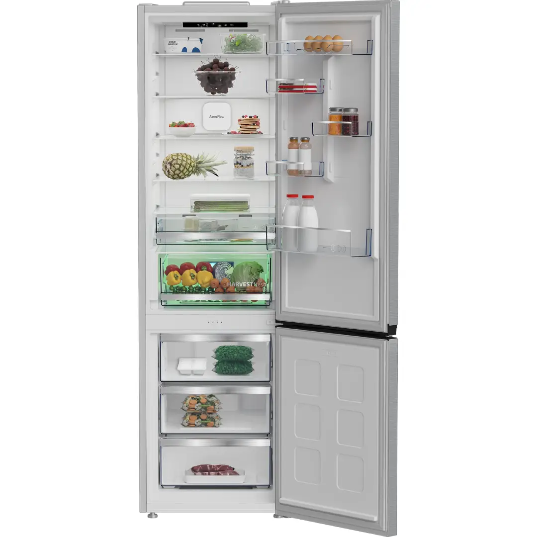 Frigorífico combi Beko B5RCNE-416HXB abierto y lleno de alimentos, destacando su capacidad de almacenamiento de 415 L y distribución práctica.