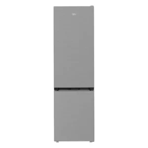 Imagen frontal del frigorífico combi Beko B5RCNE-416HXB en acabado inox, con diseño elegante y estilizado.