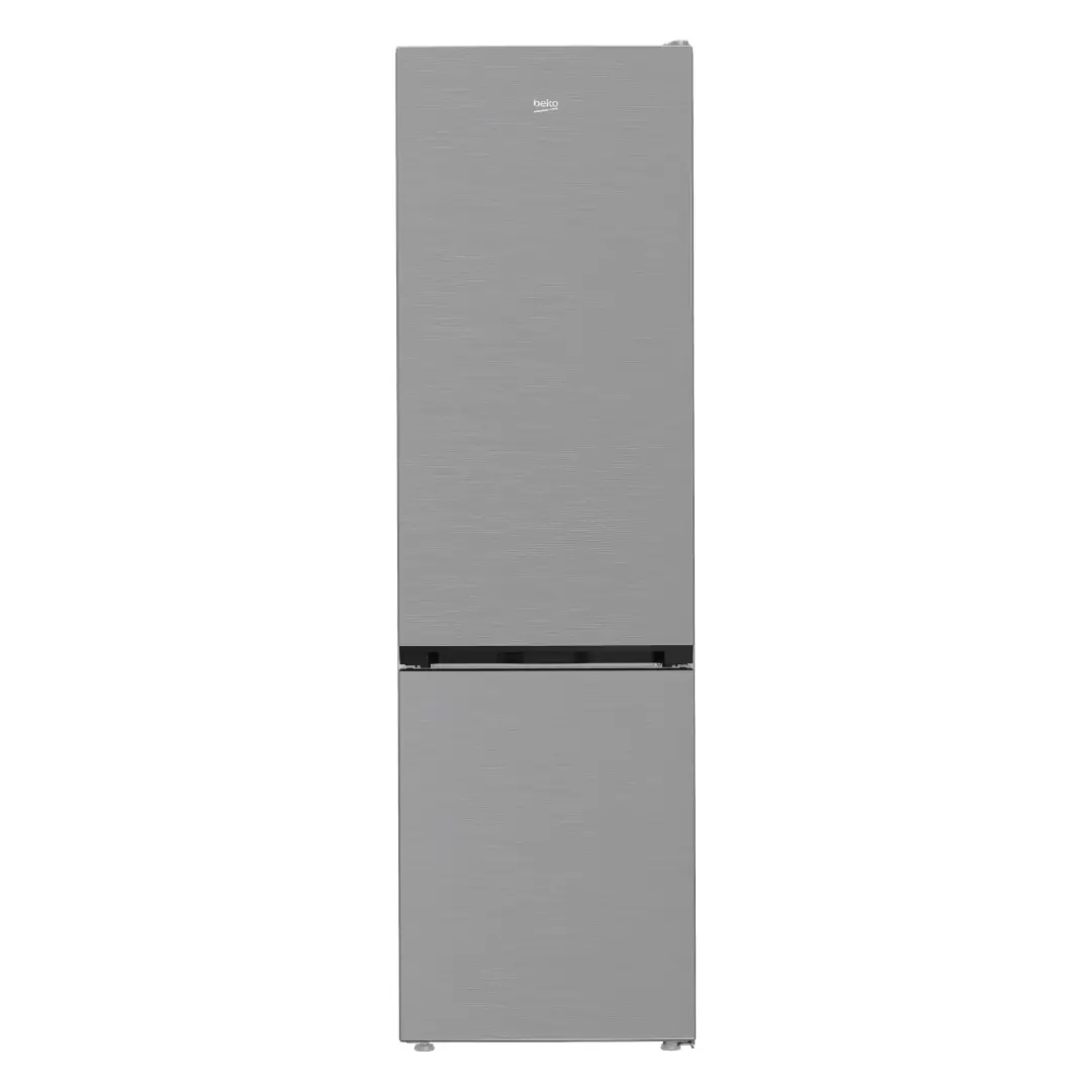 Imagen frontal del frigorífico combi Beko B5RCNE-416HXB en acabado inox, con diseño elegante y estilizado.