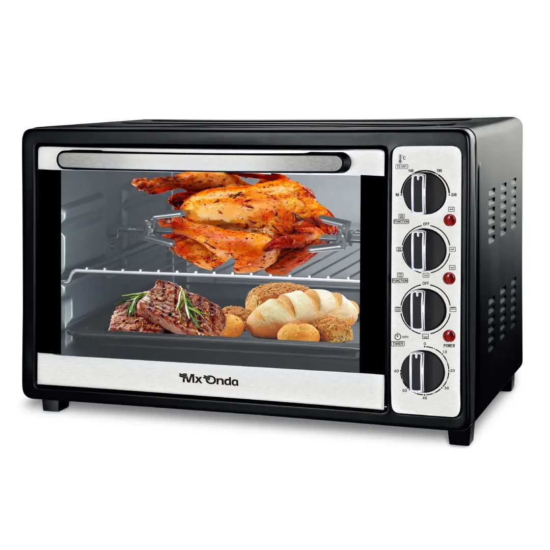Imagen frontal del mini horno MX-HC2684 MX Onda mostrando su capacidad de 48L y función de convección, ideal para cocinar de manera uniforme – disponible en Electrocash.