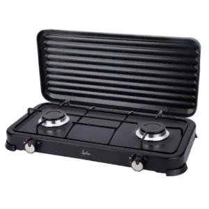 Imagen de la cocina de gas portátil Jata JECG-2702, con 2 fuegos y diseño compacto, equipada con tapa protectora, ideal para camping o uso doméstico, disponible en Electrocash.