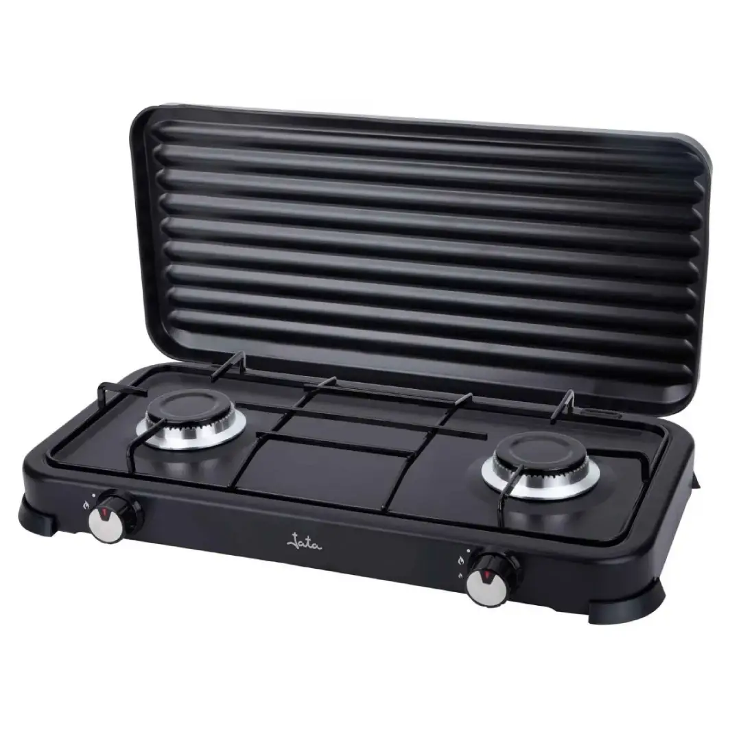 Imagen de la cocina de gas portátil Jata JECG-2702, con 2 fuegos y diseño compacto, equipada con tapa protectora, ideal para camping o uso doméstico, disponible en Electrocash.