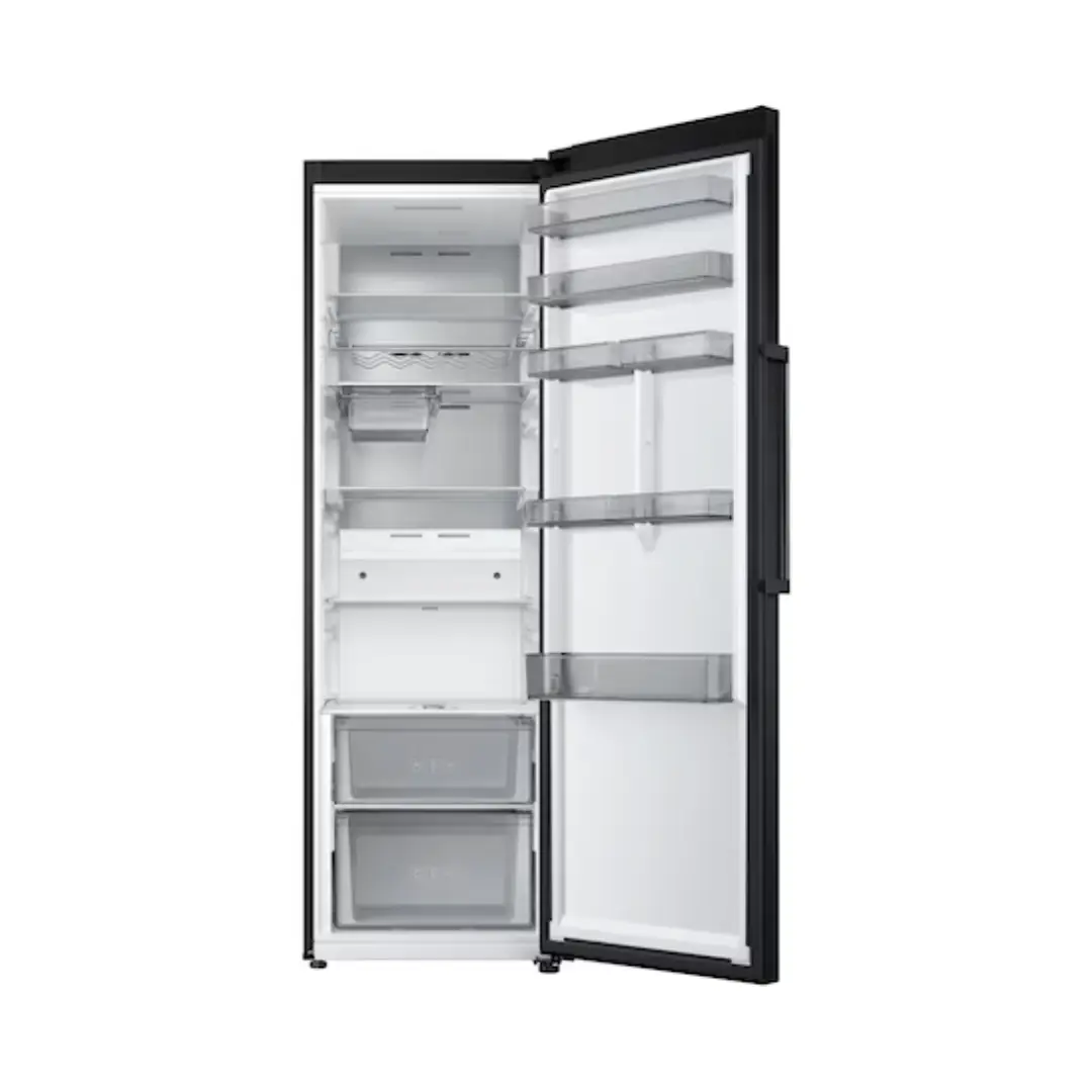 Imagen del frigorífico Samsung RR-39C7EC5B1/EF abierto y vacío, mostrando estantes y compartimentos vacíos, disponible en Electrocash.