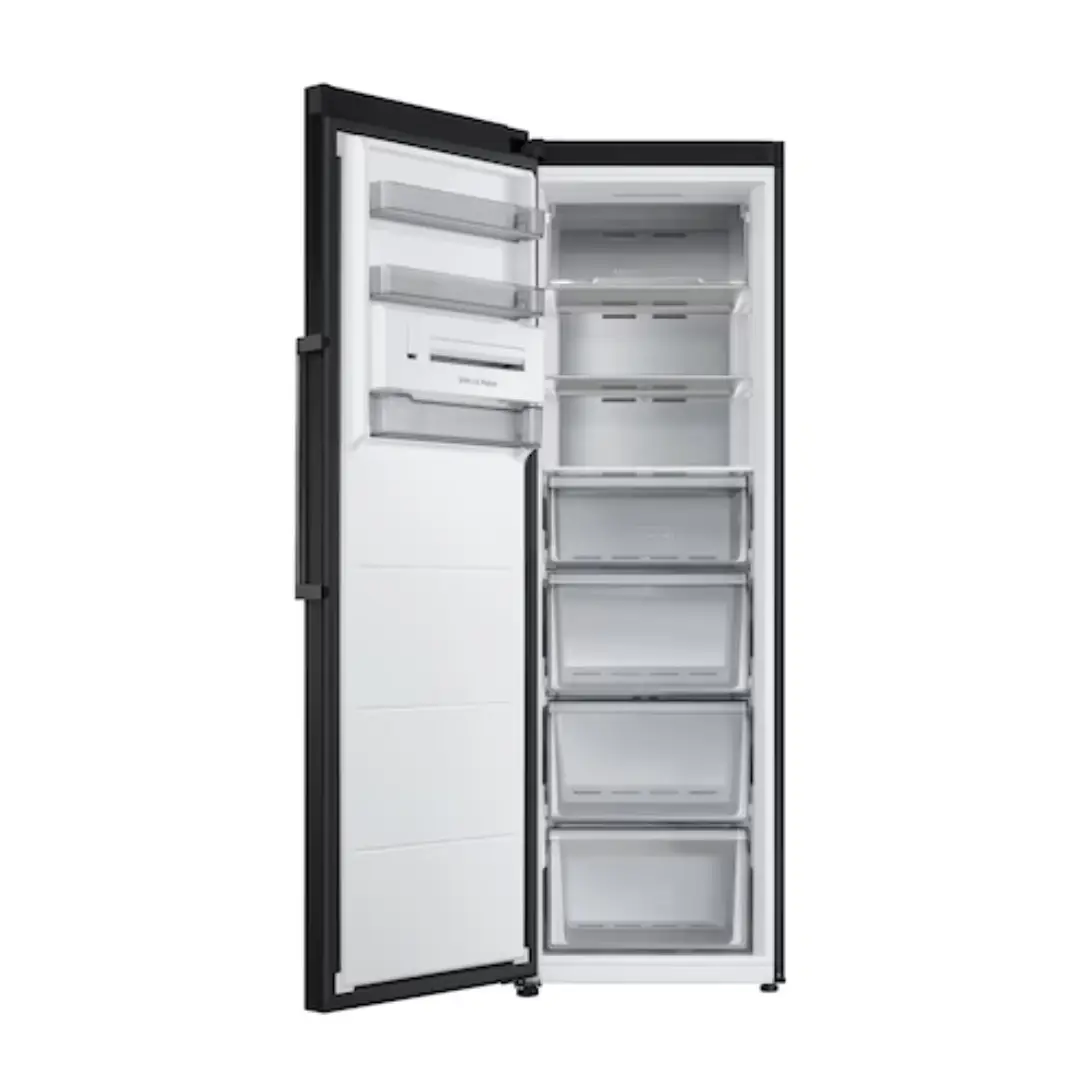 Imagen del congelador Samsung RZ-32C7CBEB1/EF abierto y vacío, mostrando sus cajones y compartimentos sin contenido, disponible en Electrocash.