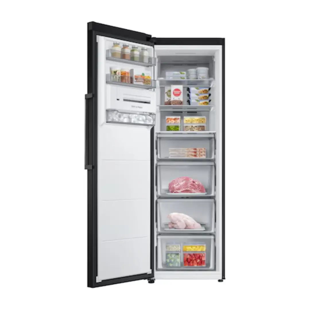Imagen del congelador Samsung RZ-32C7CBEB1/EF abierto y lleno, mostrando la organización con alimentos en sus cajones y estantes, disponible en Electrocash.