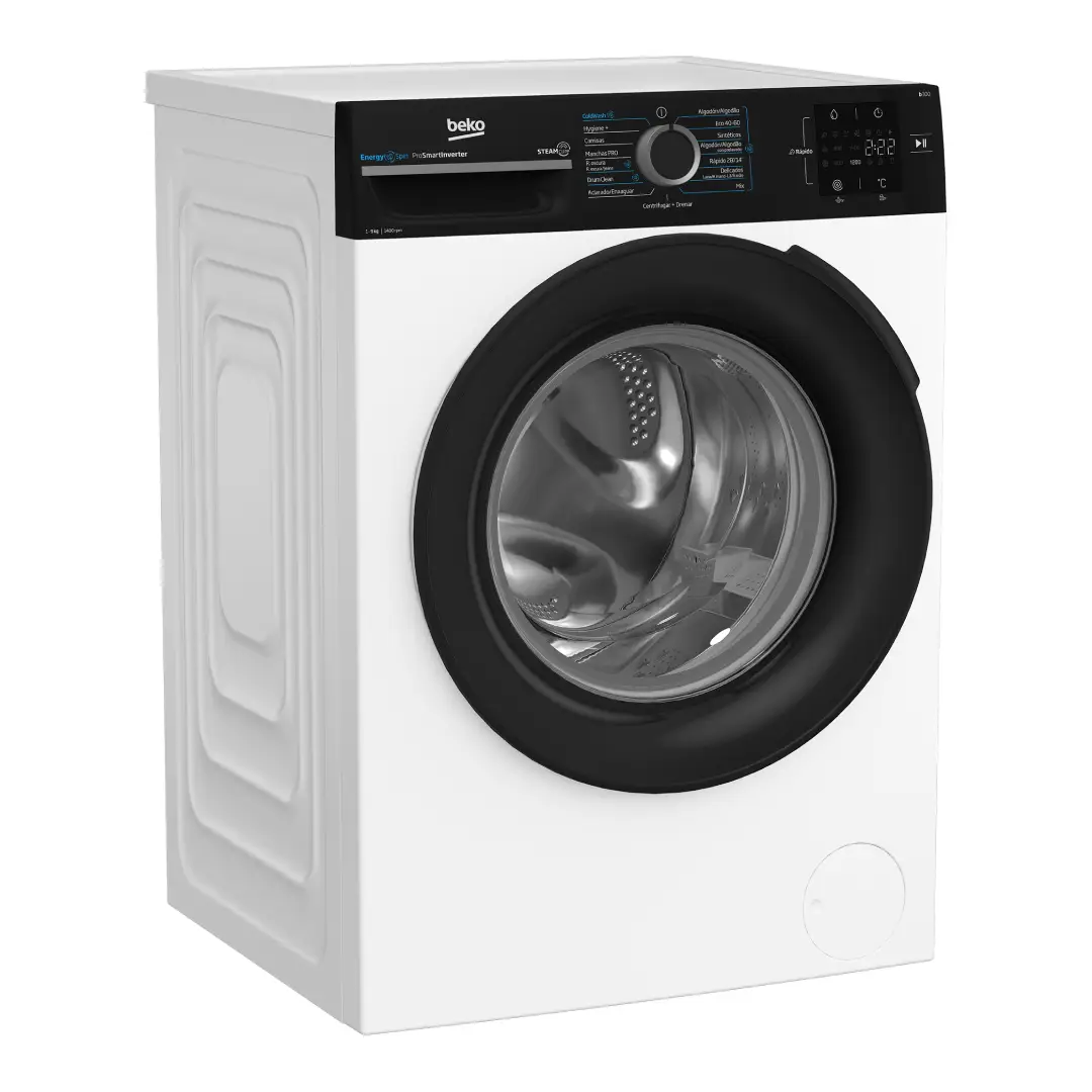 Imagen lateral de la lavadora Beko BM-3WFSU39413 blanca, mostrando su diseño moderno, compacto y elegante acabado, disponible en Electrocash.