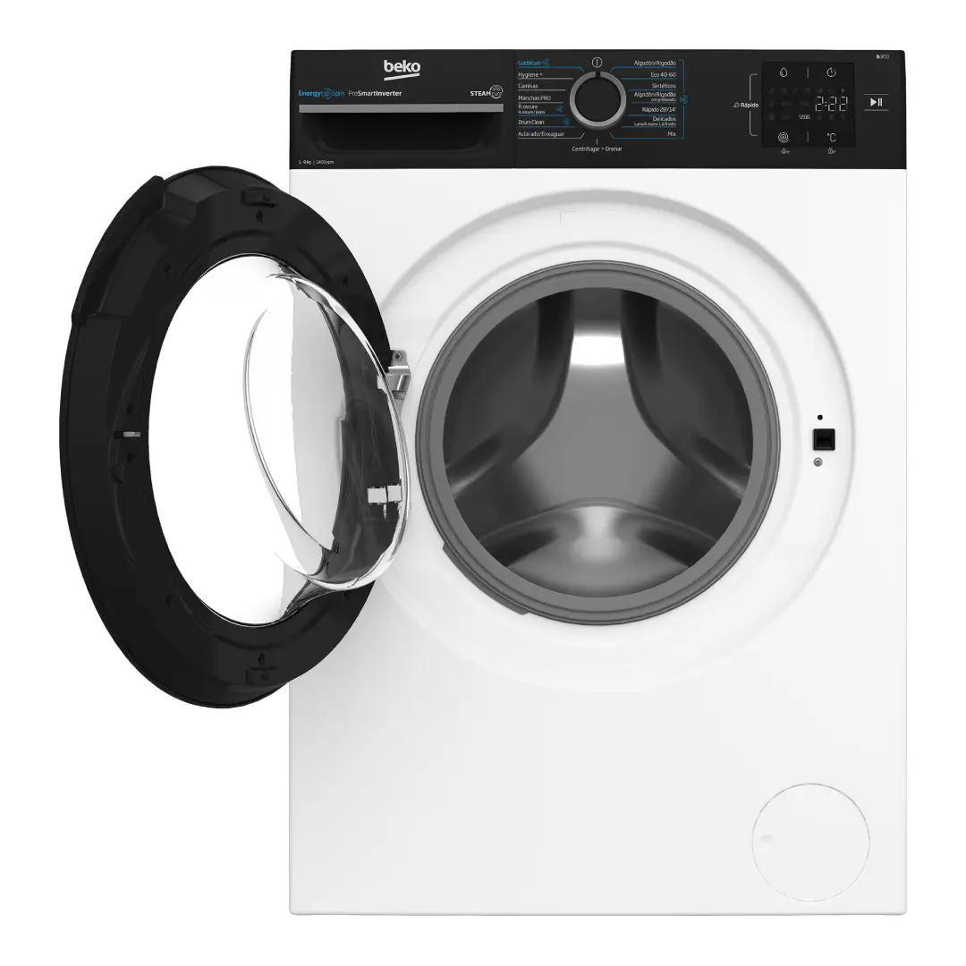 Imagen de la lavadora Beko BM-3WFSU39413 abierta, mostrando el tambor de acero inoxidable con capacidad de 9 Kg, disponible en Electrocash.