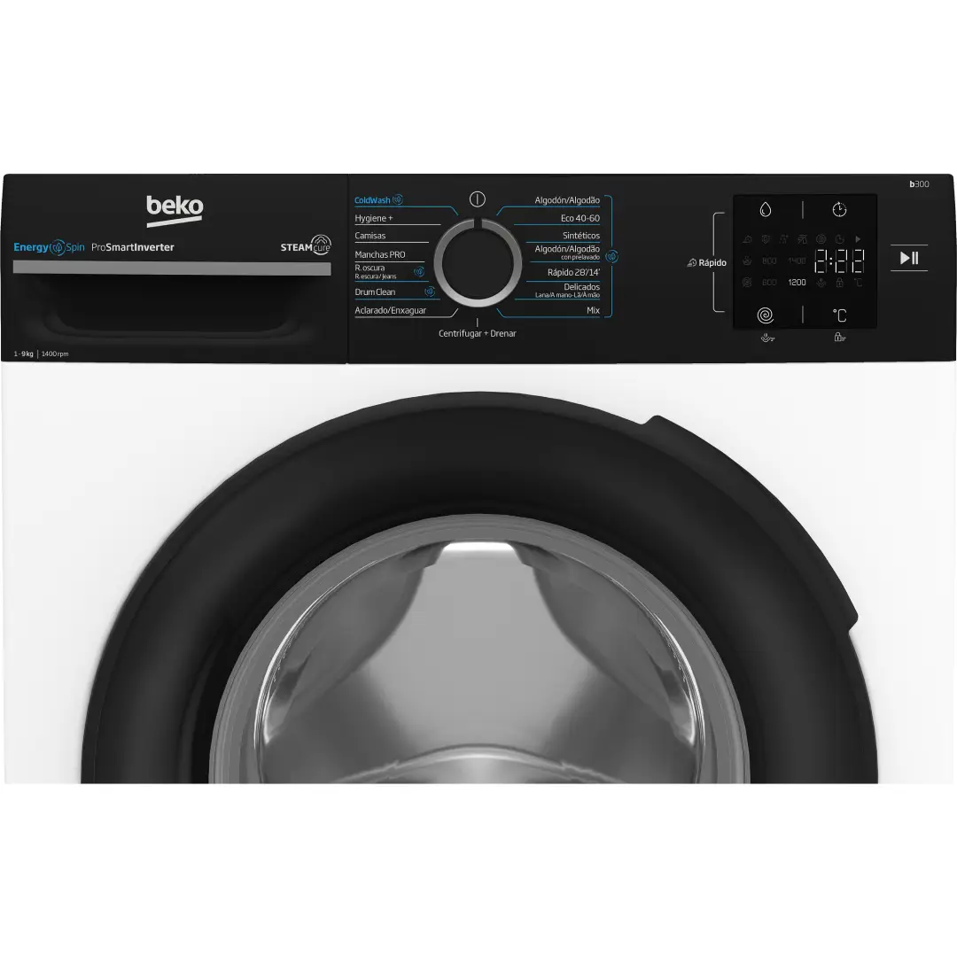 Detalle del panel de control de la lavadora Beko BM-3WFSU39413, con display digital y selector de programas, disponible en Electrocash.