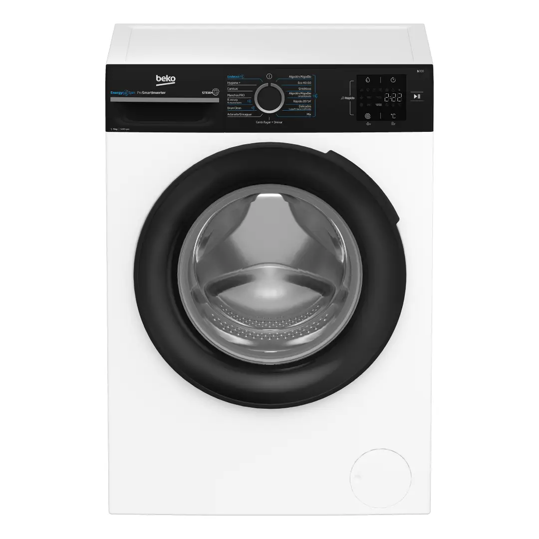 Imagen frontal de la lavadora Beko BM-3WFSU39413 en color blanco, con capacidad de 9 Kg, centrifugado a 1400 rpm y máxima eficiencia energética Clase A, disponible en Electrocash.