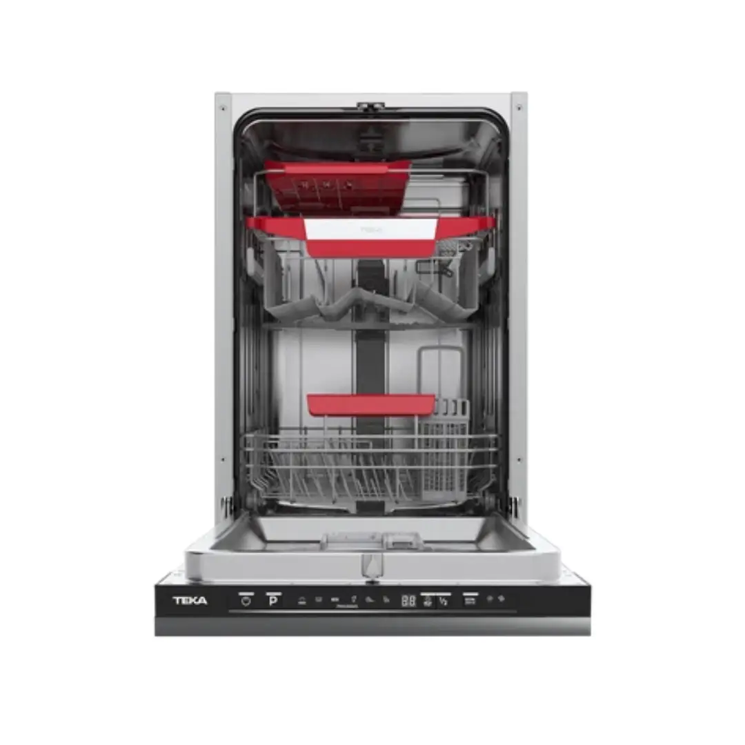Imagen del lavavajillas integrable Teka DFI-44800 abierto y vacío, mostrando bandejas, compartimentos y distribución interior, disponible en Electrocash.