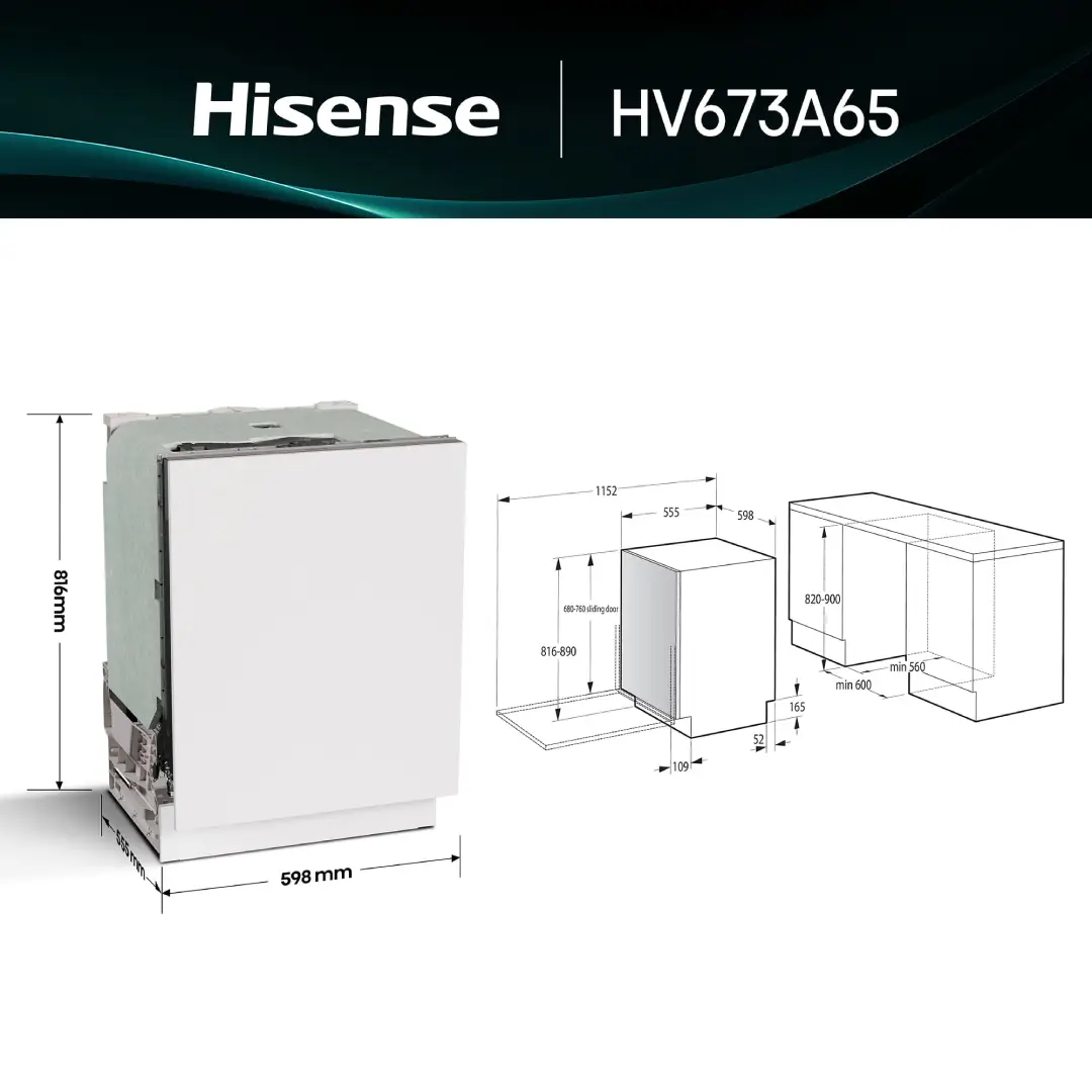 Imagen con las medidas del lavavajillas integrable Hisense HV-673A65, mostrando alto, ancho y fondo para instalación, disponible en Electrocash.