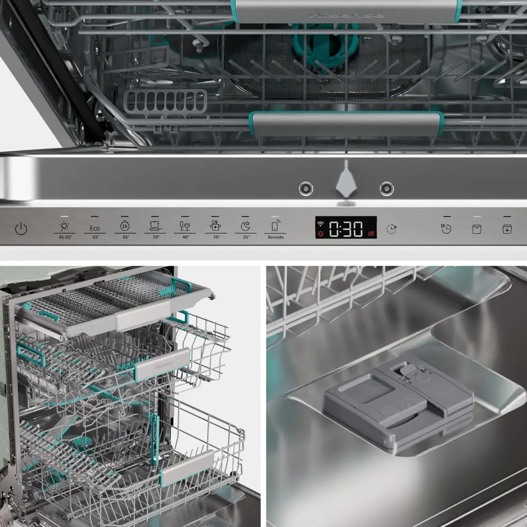 Primer plano de los detalles del lavavajillas Hisense HV-673A65, mostrando el panel de mandos, interior con bandejas y accesorios, disponible en Electrocash.