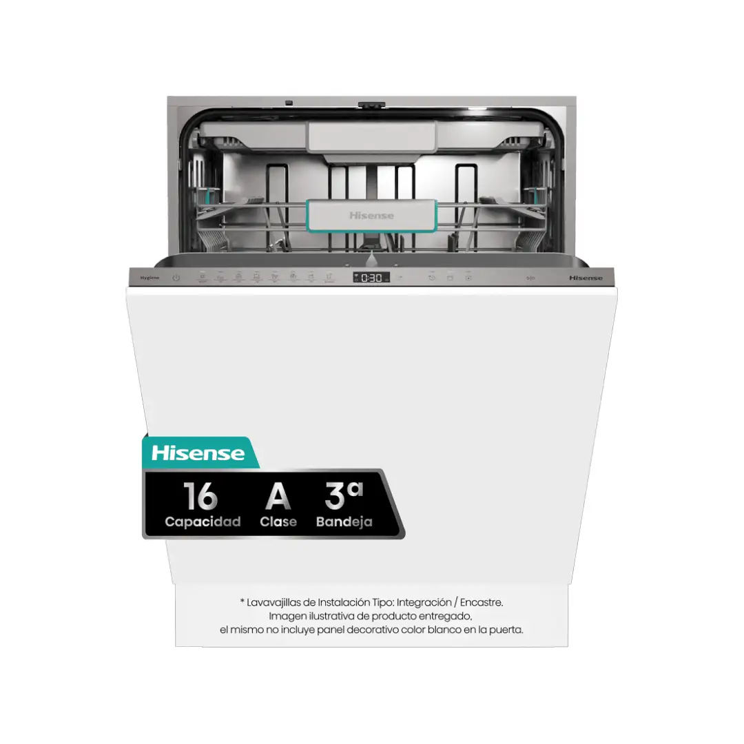 Imagen frontal del lavavajillas integrable Hisense HV-673A65 de 60 cm, con capacidad para 16 cubiertos, eficiencia energética Clase A y 7 programas de lavado, disponible en Electrocash.