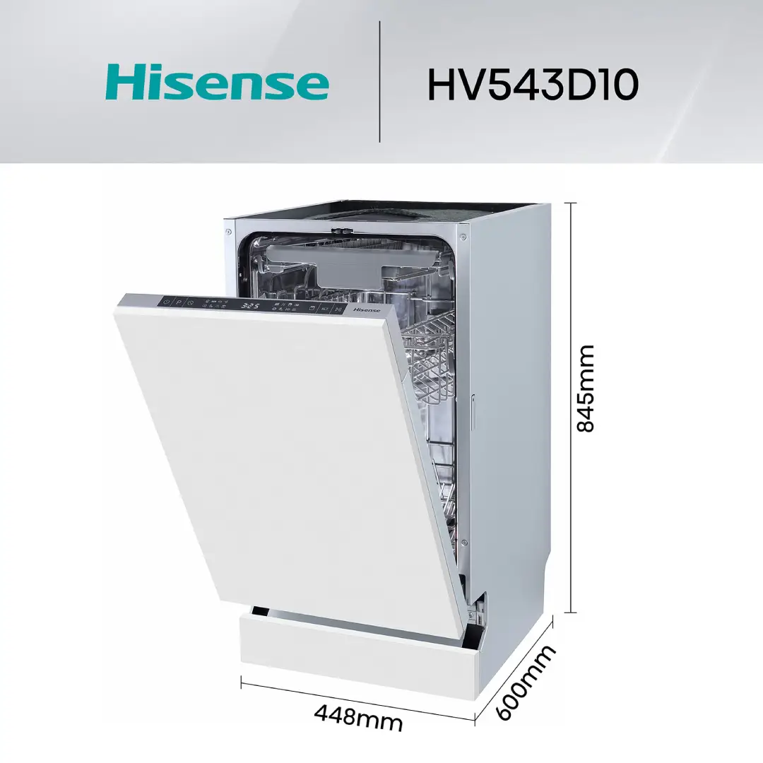 Imagen con las medidas del lavavajillas integrable Hisense HV-543D10, mostrando alto, ancho y fondo para instalación, disponible en Electrocash.