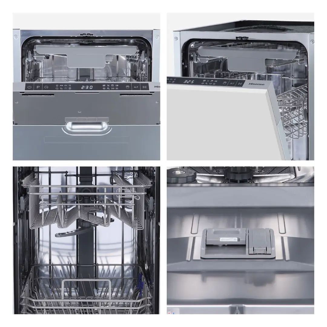 Imágenes de los detalles del lavavajillas Hisense HV-543D10, mostrando el interior con bandejas, el lateral para instalación y el panel de mandos, disponible en Electrocash.