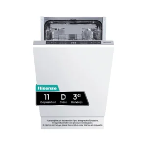 Imagen frontal del lavavajillas integrable Hisense HV-543D10 de 45 cm, con capacidad para 11 cubiertos, eficiencia energética Clase D y diseño panelable, disponible en Electrocash.