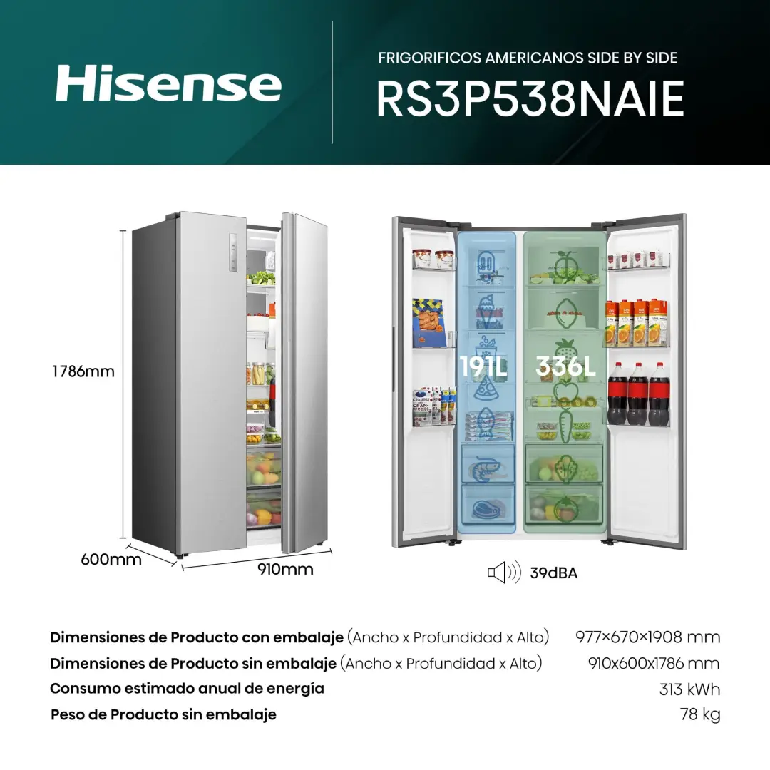 Imagen con las medidas y características del Hisense SBS RS-3P538NAIE, mostrando su alto, ancho, fondo y un vistazo al interior con estantes y compartimentos, disponible en Electrocash.