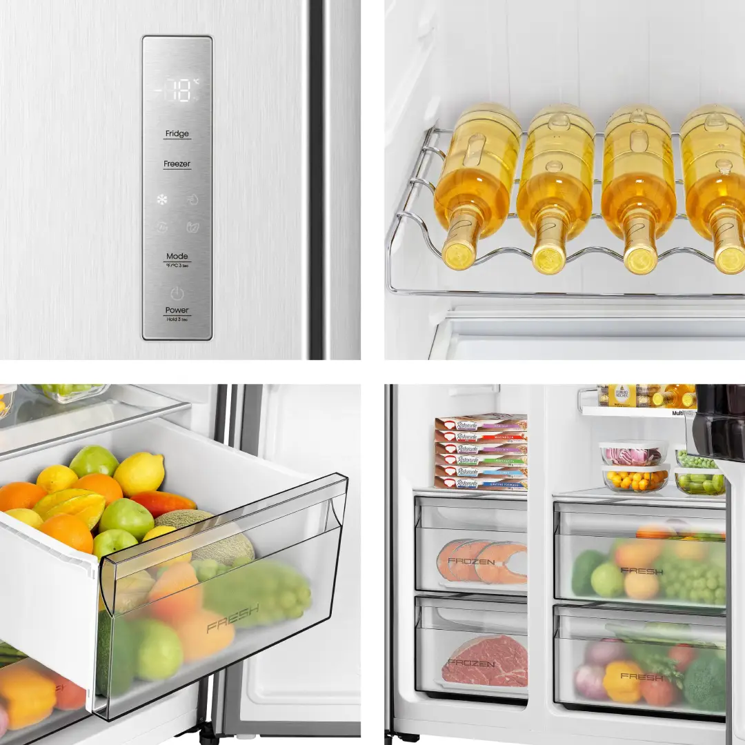 Primer plano de los cajones y detalles interiores del Hisense SBS RS-3P538NAIE, mostrando su capacidad, organización y acabados en inox, disponible en Electrocash.