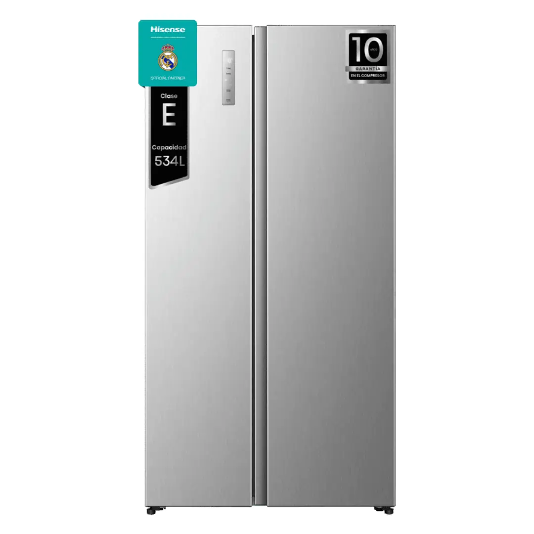 Imagen frontal del frigorífico americano Hisense SBS RS-3P538NAIE en acabado inox, con capacidad de 534 L, eficiencia energética Clase E y display digital, disponible en Electrocash.