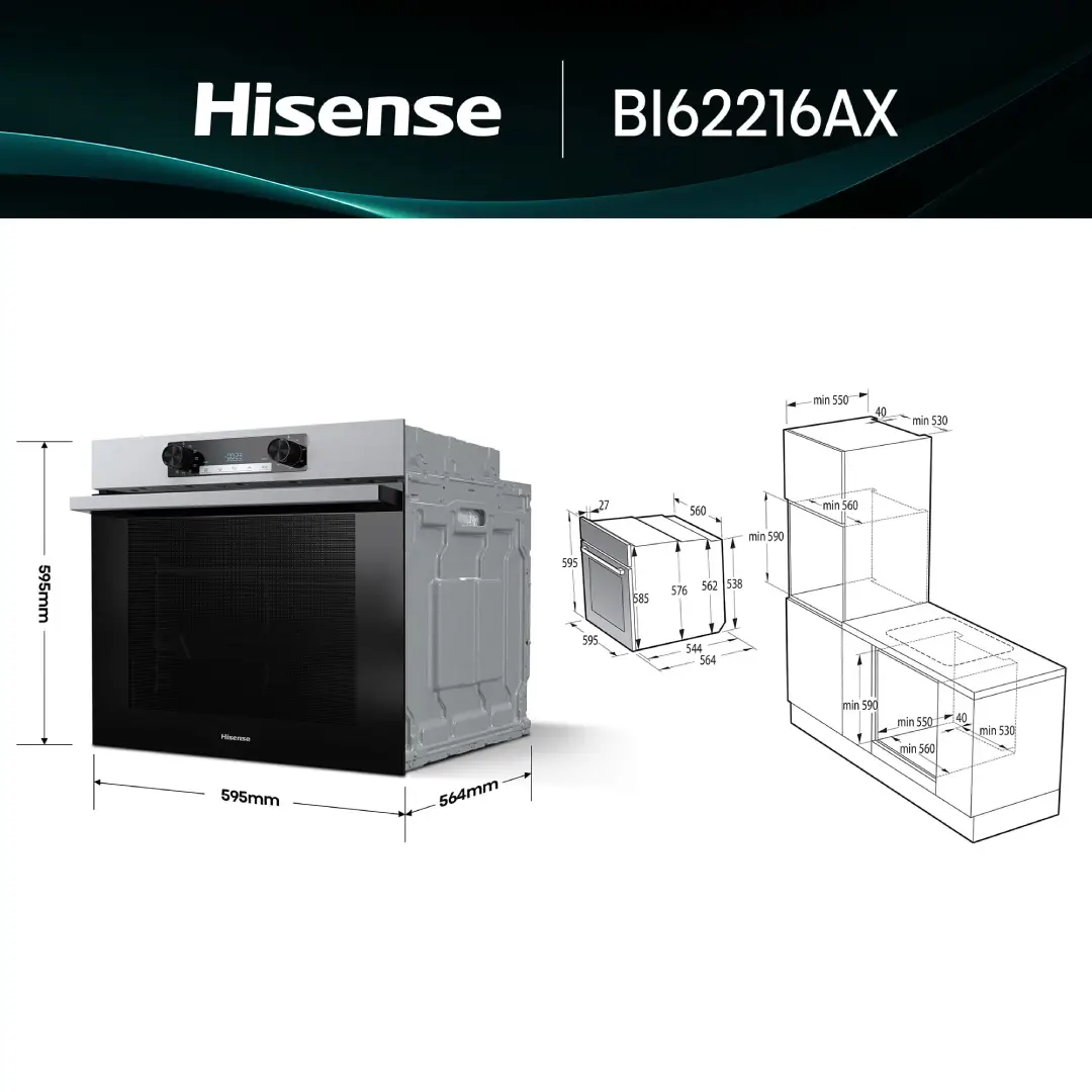 Diagrama con las dimensiones del horno Hisense BI-62216AX inox, ideal para su instalación en cocinas modernas, disponible en Electrocash.