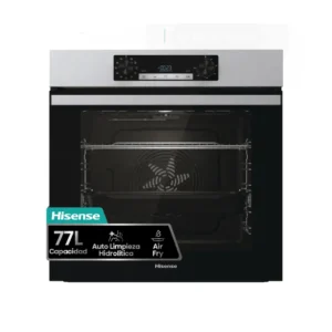 Imagen frontal del horno multifunción Hisense BI-62216AX en acabado inox, con capacidad de 77 L, eficiencia Clase A y guías telescópicas para mayor comodidad, disponible en Electrocash.