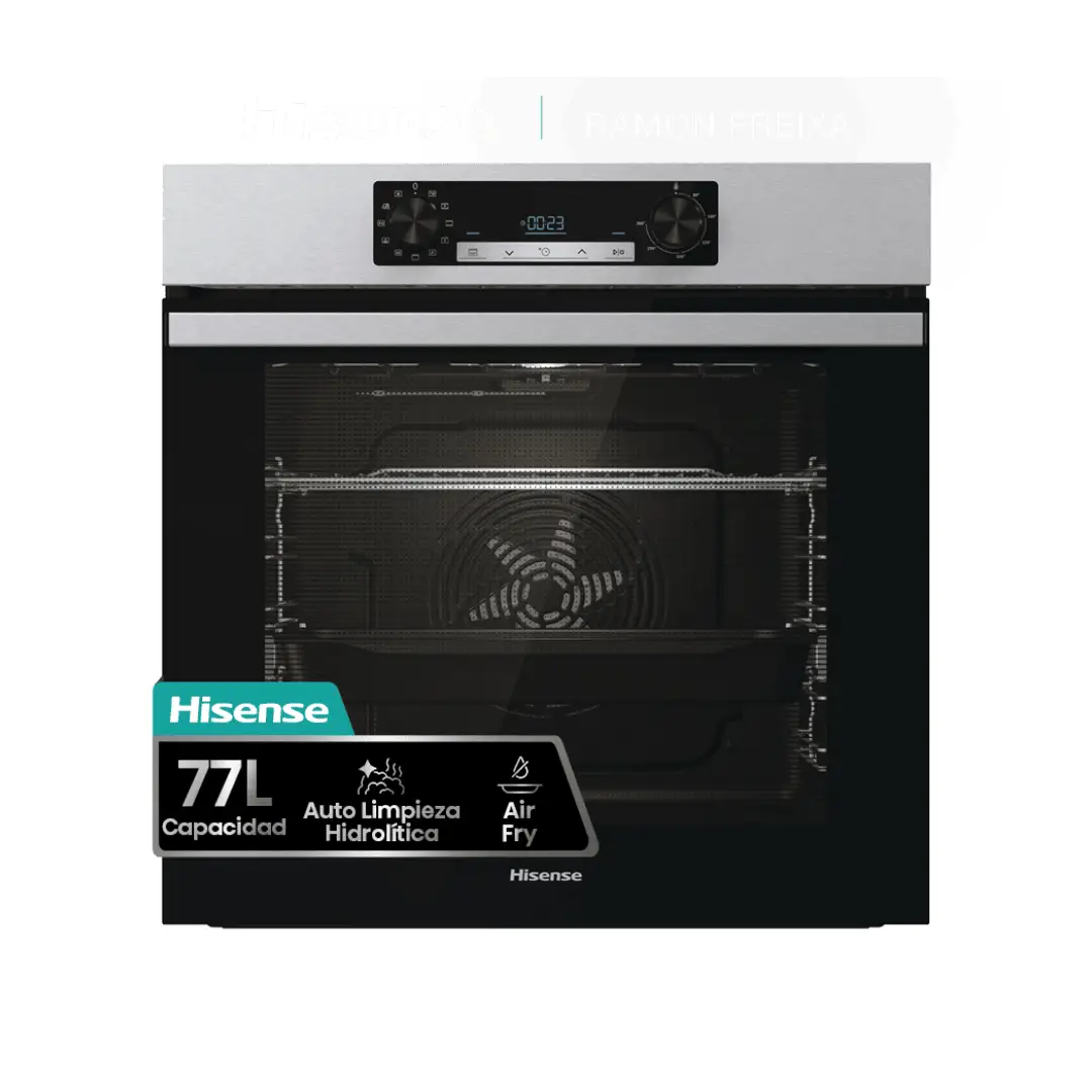 Imagen frontal del horno multifunción Hisense BI-62216AX en acabado inox, con capacidad de 77 L, eficiencia Clase A y guías telescópicas para mayor comodidad, disponible en Electrocash.