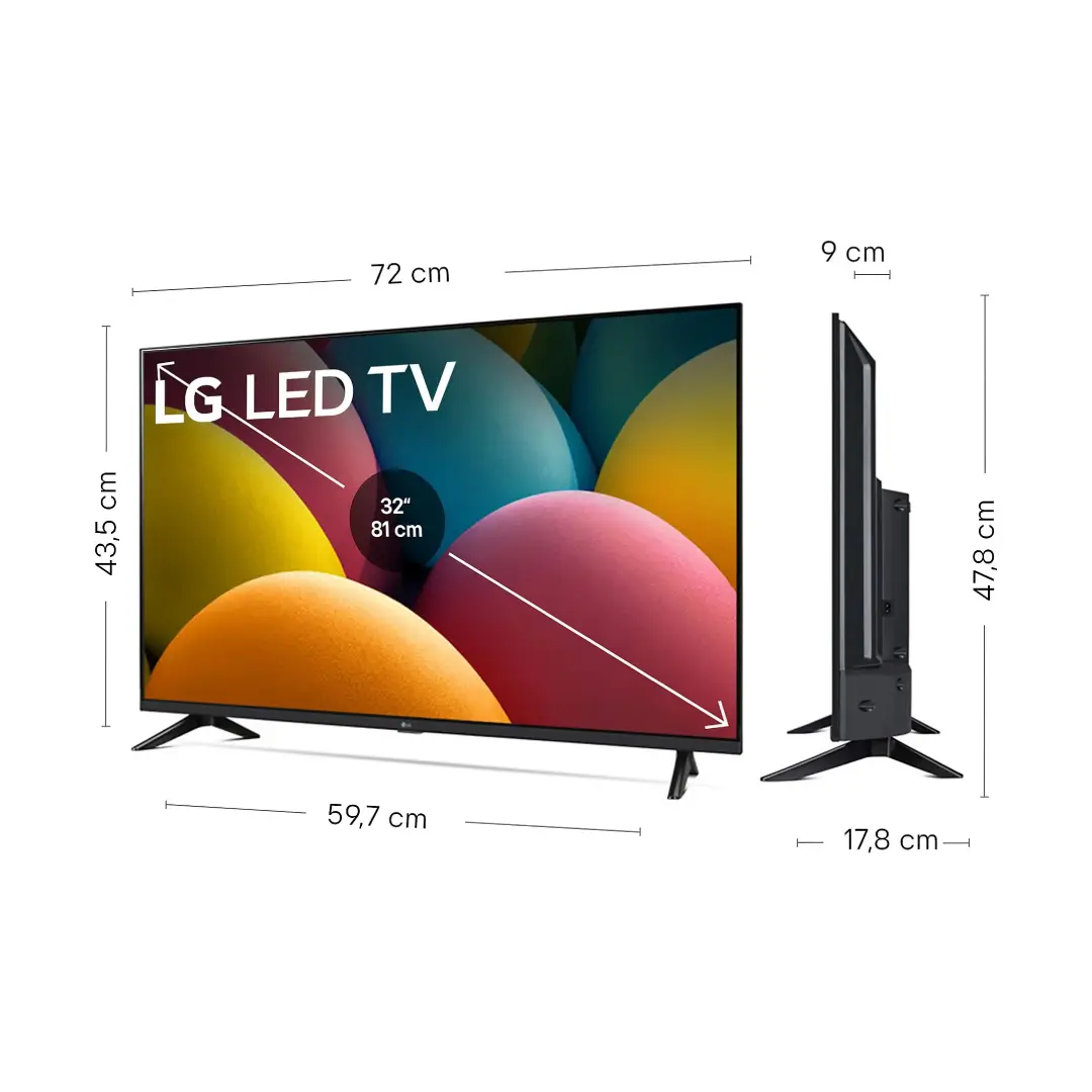 Imagen con las medidas del LG LED 32" 32LR60006LA, destacando su ancho, alto y grosor con y sin soporte, disponible en Electrocash.