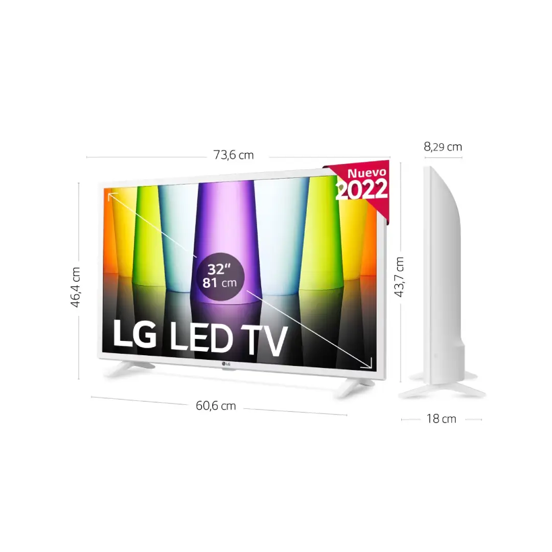 Imagen con las medidas del LG LED 32" 32LQ63806LC en color blanco, mostrando ancho, alto y grosor con y sin soporte, disponible en Electrocash.