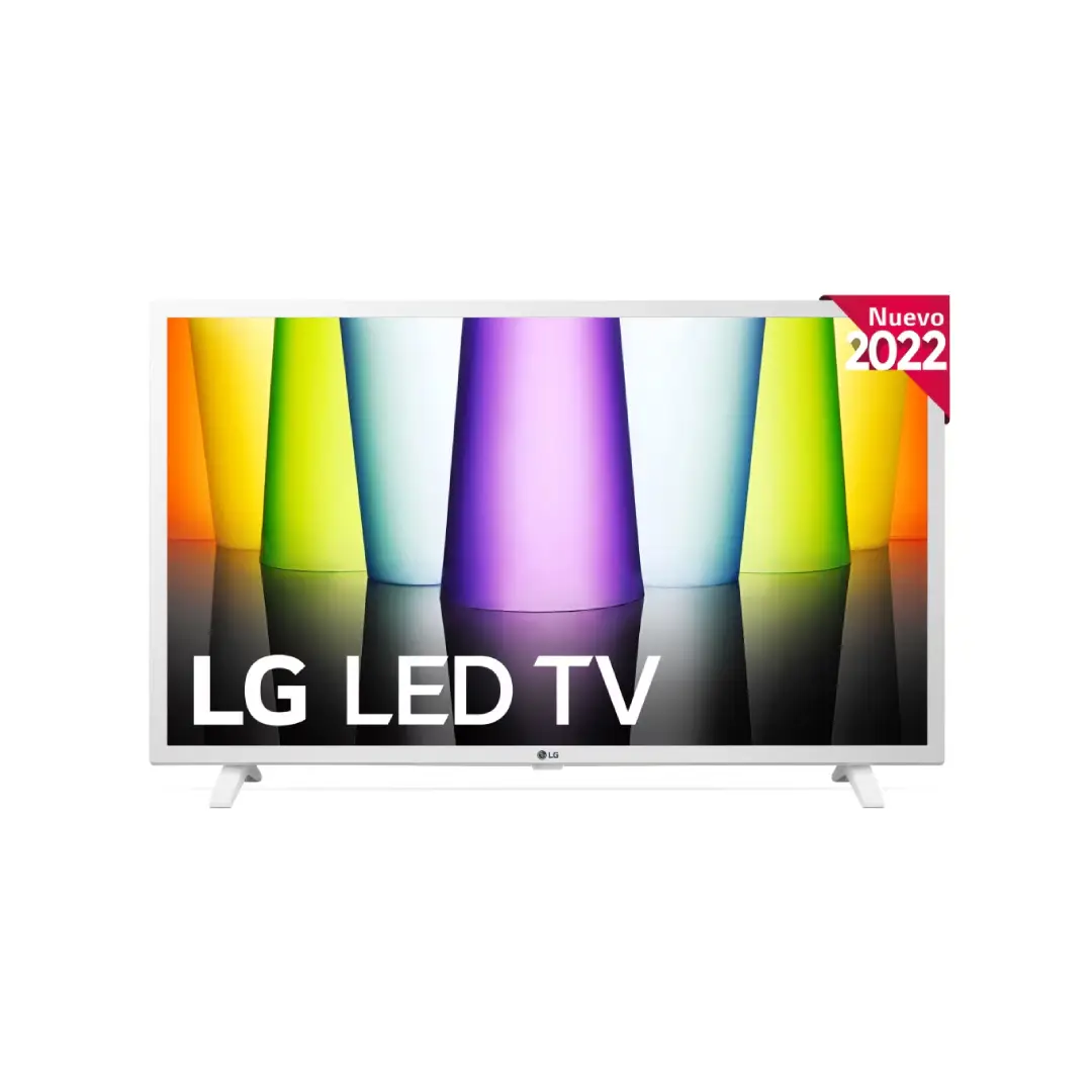 Imagen frontal del LG LED 32" 32LQ63806LC en color blanco, mostrando su diseño elegante, resolución Full HD y sistema Smart TV webOS 22 con procesador α5 Gen5, disponible en Electrocash.