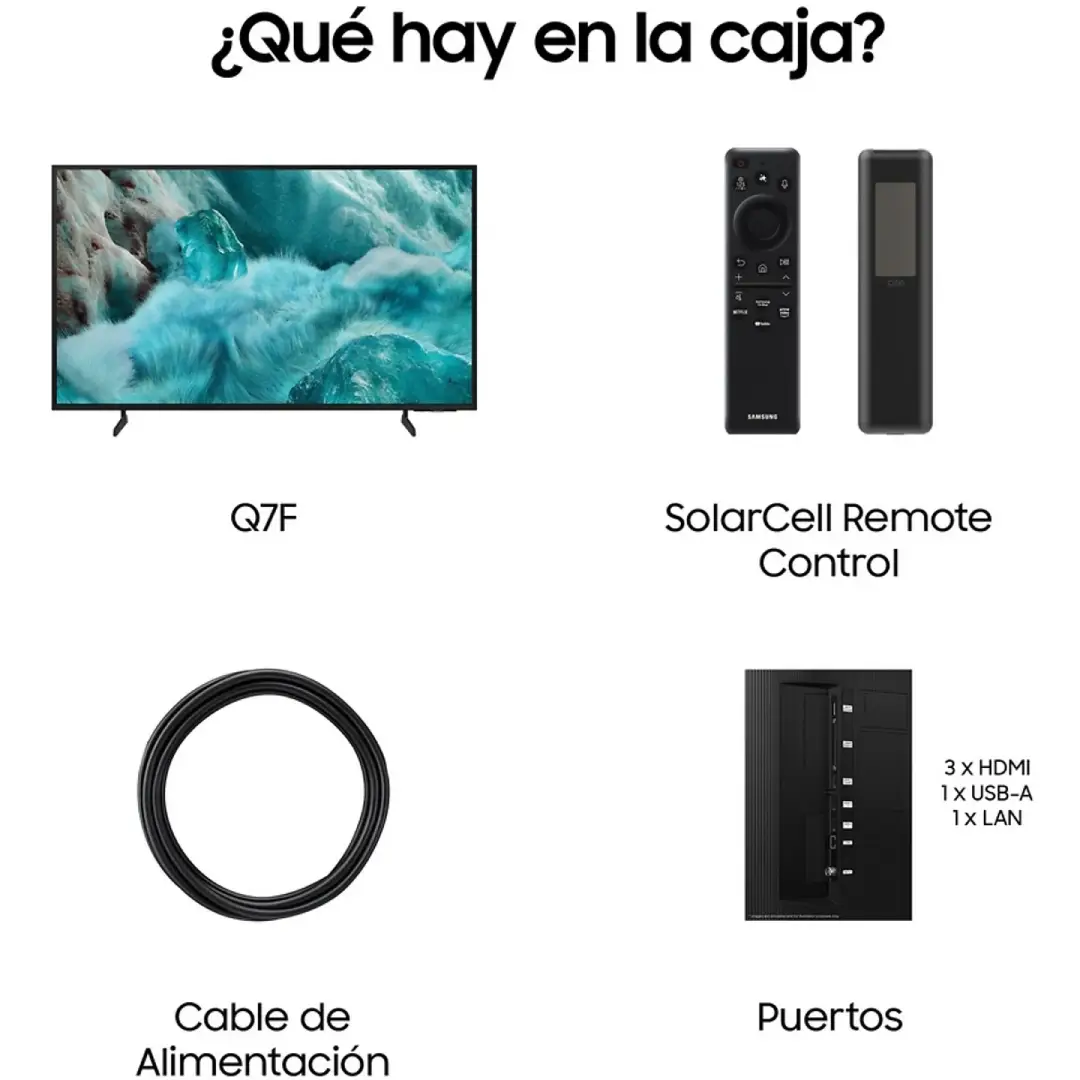 Vista del contenido incluido con el Samsung QLED 50" TQ-50Q7FAAUXXC, mostrando el televisor, mando a distancia, peana, cables y accesorios originales, disponible en Electrocash.