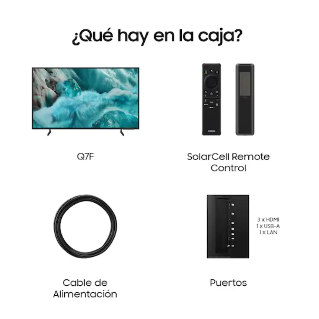 Vista del contenido incluido con el Samsung QLED 55" TQ-55Q7FAAUXXC, mostrando el televisor, mando a distancia, peana y accesorios originales – disponible en Electrocash.