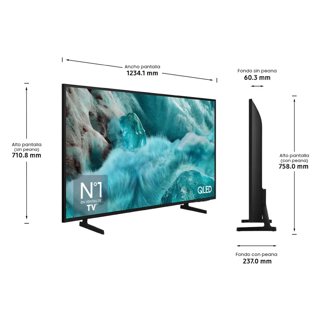 Imagen técnica con las medidas del Samsung QLED 55" TQ-55Q7FAAUXXC, destacando su ancho, alto y grosor con y sin soporte, disponible en Electrocash.