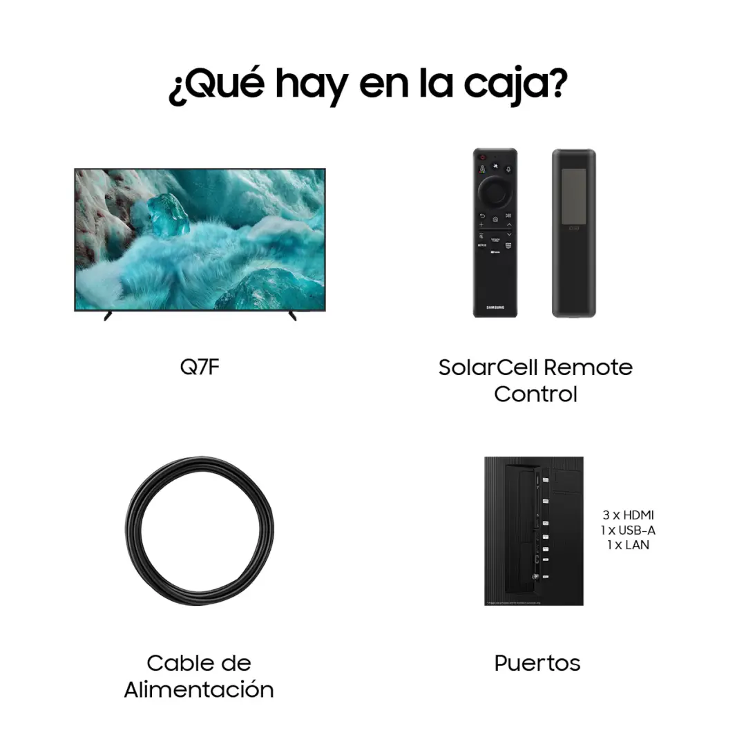 Vista del contenido incluido con el Samsung QLED 65" TQ-65Q7FAAUXXC Negro, mostrando televisor, mando a distancia, soporte, cables y accesorios originales, disponible en Electrocash.