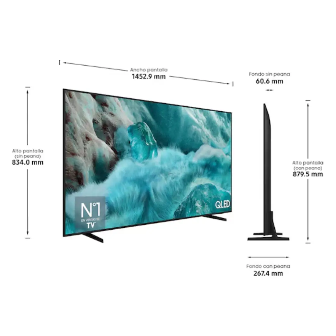 Imagen con las medidas del Samsung QLED 65" TQ-65Q7FAAUXXC en color negro, indicando ancho, alto y grosor con y sin soporte, disponible en Electrocash.